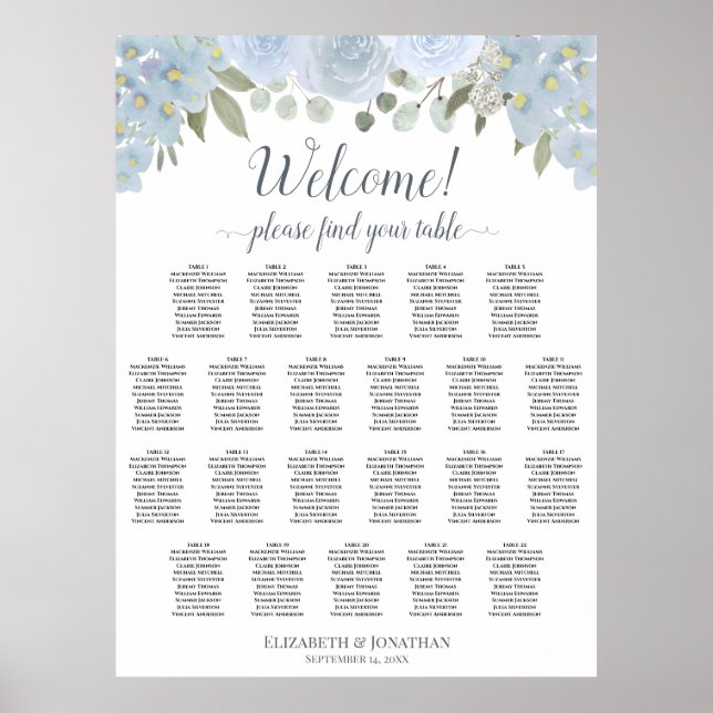 22 Table Dusty Blue Floral Wedding Seating Chart (Front)