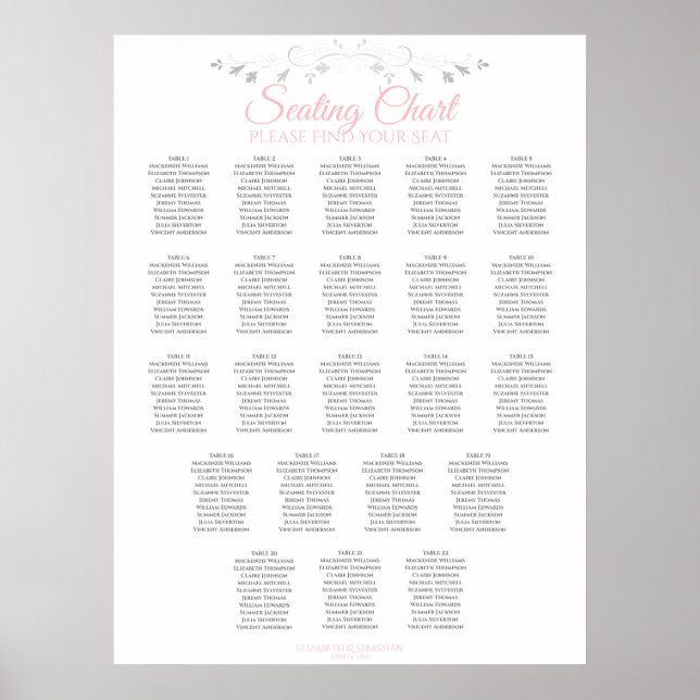 22 Table Elegant Pink & Gray Wedding Seating Chart (Front)