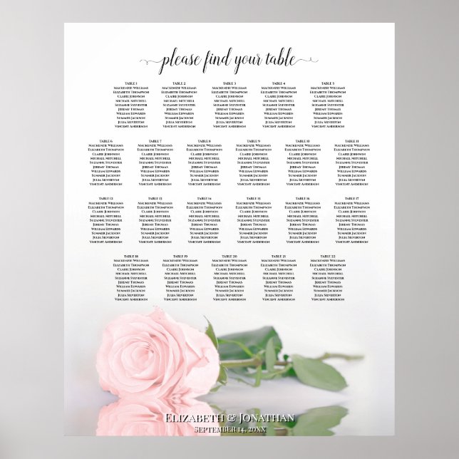 22 Table Elegant Pink Rose Wedding Seating Chart (Front)