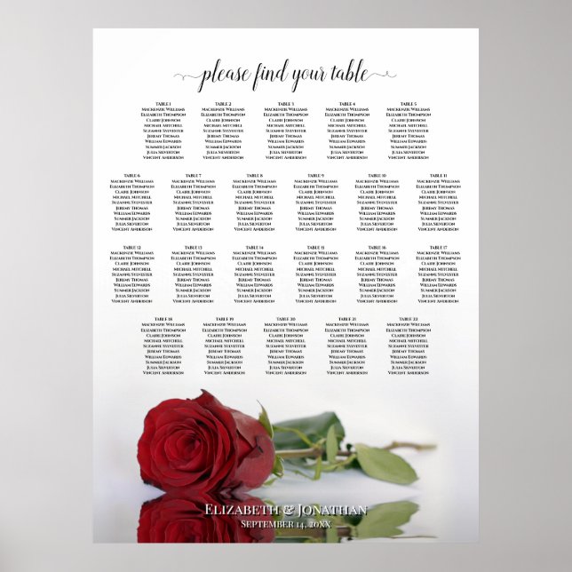 22 Table Elegant Red Rose Wedding Seating Chart (Front)