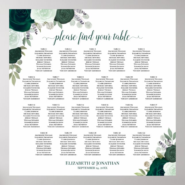 22 Table Emerald Boho Floral Wedding Seating Chart (Front)