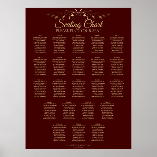 22 Table Gold & Auburn Brown Wedding Seating Chart (Front)