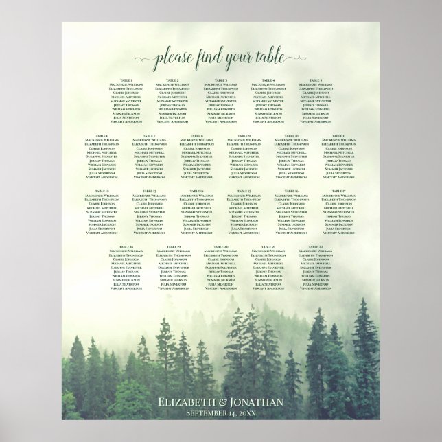 22 Table Green Pine Trees Wedding Seating Chart (Front)