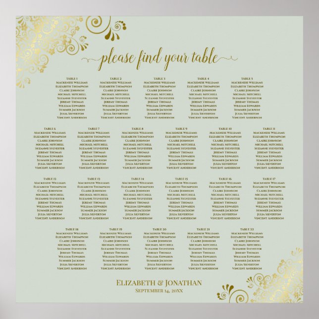 22 Table Lacy Gold on Sage Wedding Seating Chart (Front)