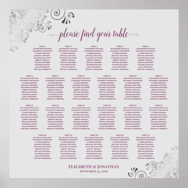 22 Table Lacy Magenta & Gray Wedding Seating Chart (Front)
