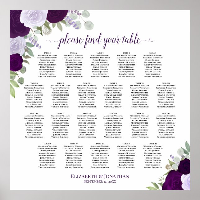 22 Table Purple Boho Floral Wedding Seating Chart (Front)