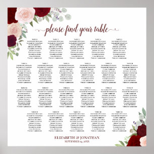 22 Table Red & Pink Floral Wedding Seating Chart