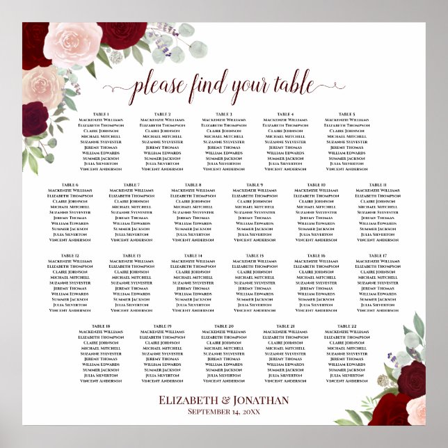 22 Table Red & Pink Floral Wedding Seating Chart (Front)