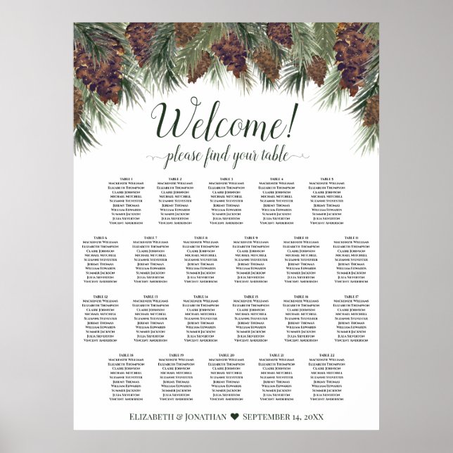 22 Table Rustic Watercolor Pinecones Seating Chart (Front)