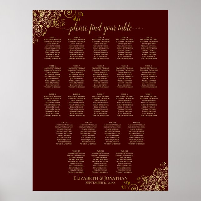 22 Table Wedding Seating Chart Auburn & Gold Lace (Front)