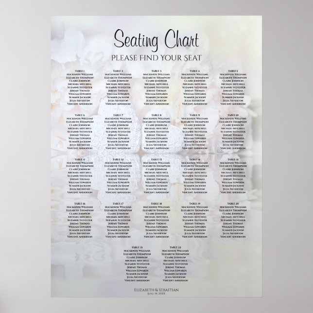 22 Table White Reflections Wedding Seating Chart (Front)