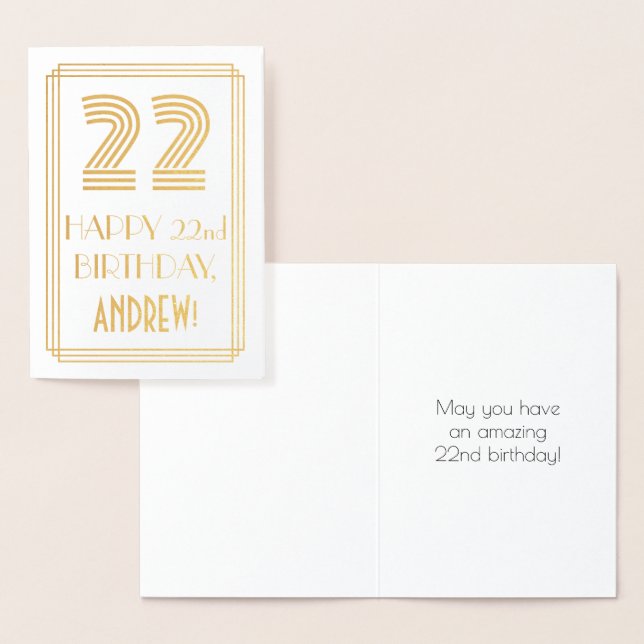 22nd Birthday - Art Deco Inspired Look "22" & Name Foil Card (Display)