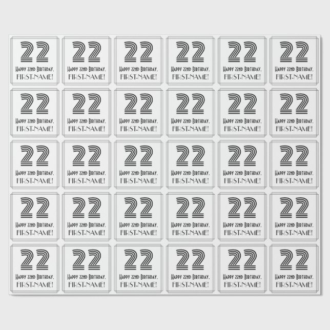 22nd Birthday: Art Deco Inspired Style "22" + Name Wrapping Paper (Flat)