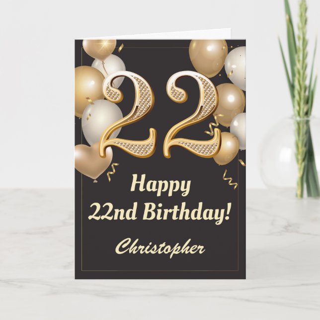 22nd Birthday Black and Gold Balloons Confetti Card (Front)