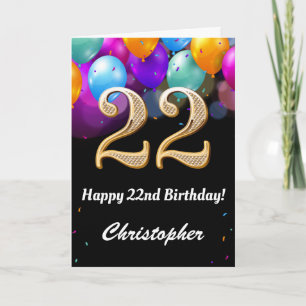 22nd Birthday Black and Gold Colourful Balloons Card