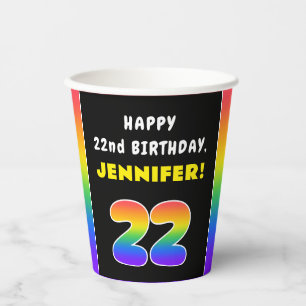 22nd Birthday: Colourful Rainbow # 22, Custom Name Paper Cups