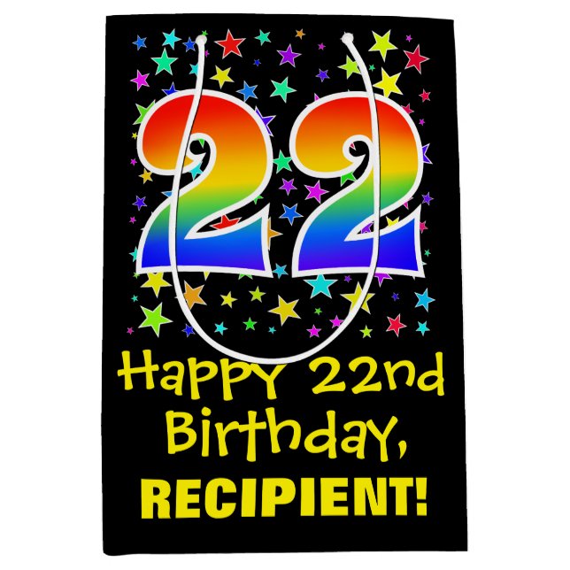22nd Birthday: Colourful Stars Pattern & Rainbow 2 Medium Gift Bag (Front)