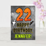 22nd Birthday: Eerie Halloween Theme   Custom Name Card<br><div class="desc">The front of this scary and spooky Halloween themed birthday greeting card design features a large number “22”, along with the message “HAPPY BIRTHDAY, ”, and a custom name. There are also depictions of a ghost and a bat on the front. The inside features a customised birthday greeting message, or...</div>