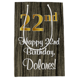 22nd Birthday: Elegant Faux Gold Look #, Faux Wood Medium Gift Bag