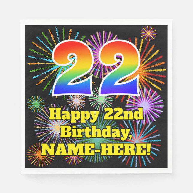 22nd Birthday: Fun Fireworks Pattern + Rainbow 22 Napkin (Front)