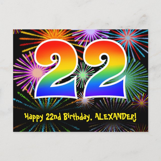 22nd Birthday – Fun Fireworks Pattern + Rainbow 22 Postcard (Front)