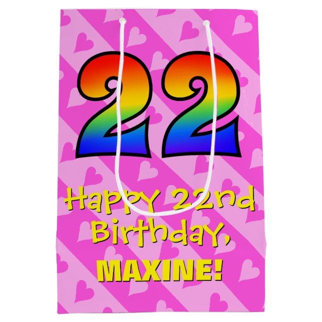 22nd Birthday: Fun Pink Hearts Stripes; Rainbow 22 Medium Gift Bag (Back)