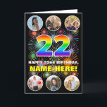 22nd Birthday: Fun Rainbow #, Custom Name & Photos Card<br><div class="desc">The front of this cheerful and fun birthday themed greeting card design features the number “22“ with a colourful rainbow spectrum inspired gradient pattern, along with the message “HAPPY 22nd BIRTHDAY, ” and a custom name, on a multicolored bursting fireworks inspired pattern. Near the top and the bottom of the...</div>