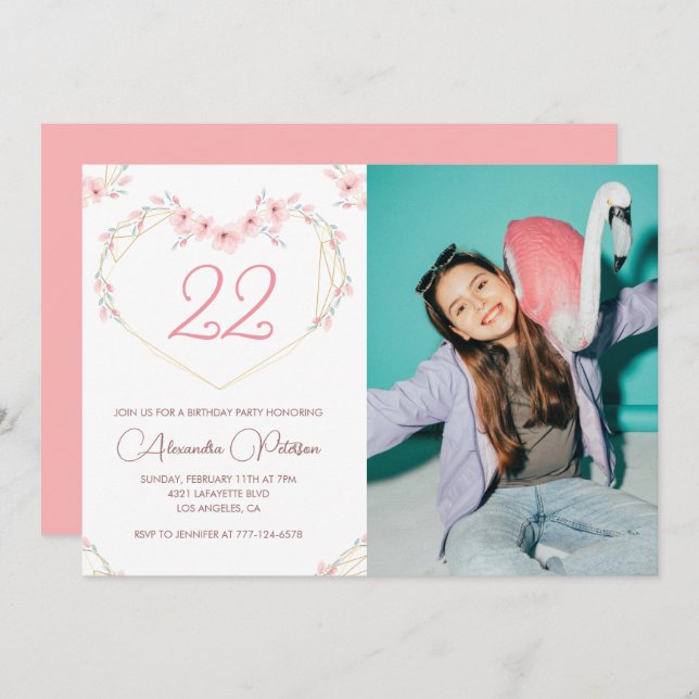 22nd birthday invitations Boho Floral Photo (Front/Back)