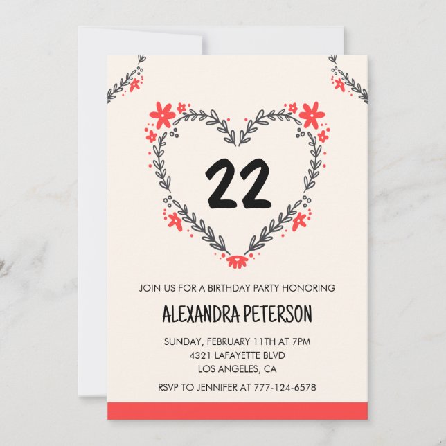 22nd birthday invitations for her floral heart (Front)