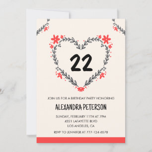 22nd birthday invitations for her floral heart