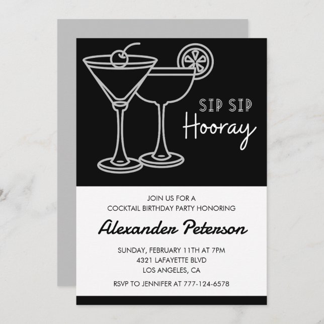 22nd birthday invitations Men Cocktail Black White (Front/Back)