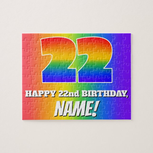 22nd Birthday — Multicolored Rainbow Pattern “22” Jigsaw Puzzle (Horizontal)