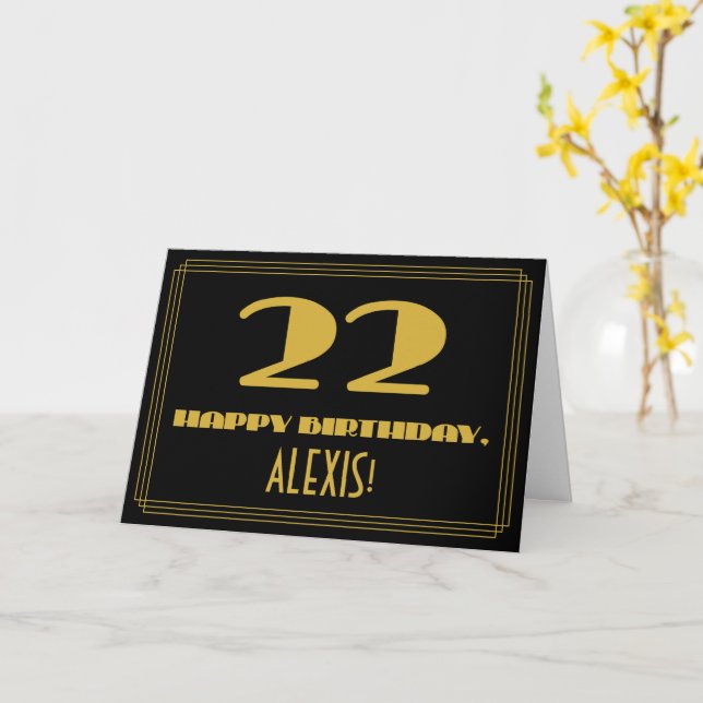 22nd Birthday: Name + Art Deco Inspired Look "22" Card (Yellow Flower)