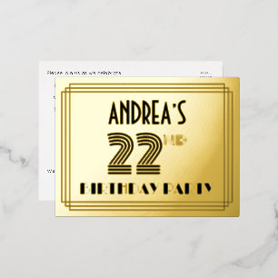 22nd Birthday Party ~ Art Deco Style “22” + Name Foil Invitation Postcard