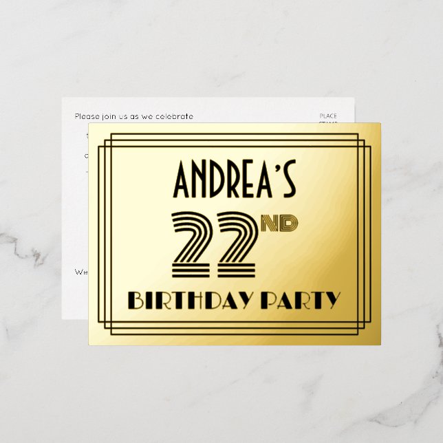 22nd Birthday Party ~ Art Deco Style “22” + Name Foil Invitation Postcard (Front/Back)