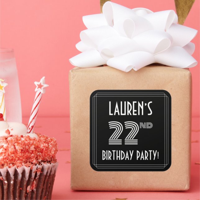 22nd Birthday Party: Art Deco Style & Custom Name Square Sticker (Party)