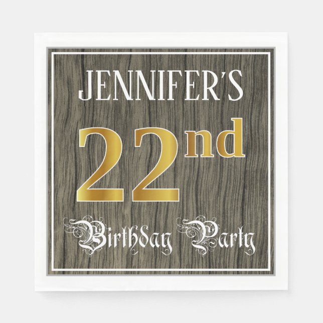 22nd Birthday Party — Faux Gold & Faux Wood Looks Napkin (Front)