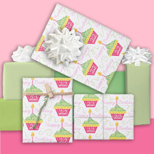 22nd Birthday Pink Green Cupcakes Wrapping Paper