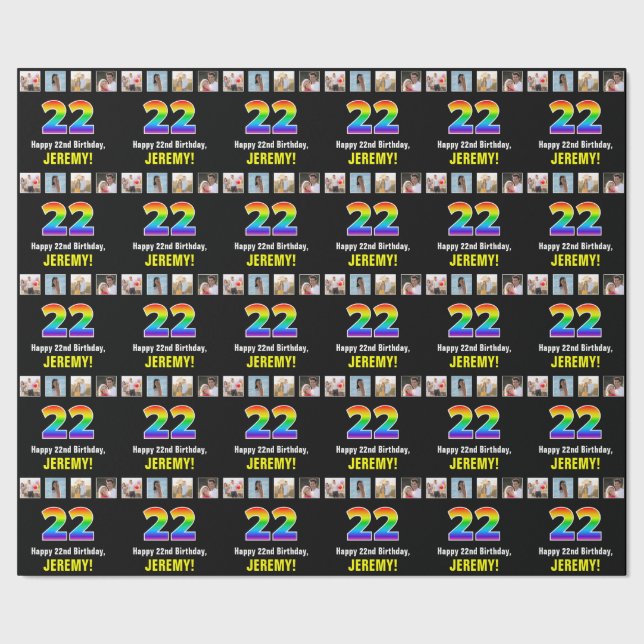 22nd Birthday: Rainbow “22“; Custom Photos & Name Wrapping Paper (Seam)