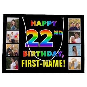 22nd Birthday: Rainbow Text, Custom Photos & Name Large Gift Bag