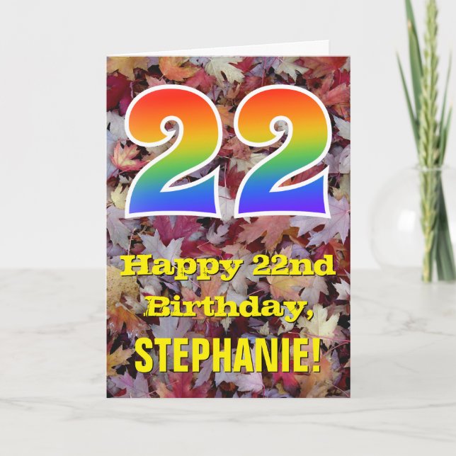 22nd Birthday; Rustic Autumn Leaves; Rainbow "22" Card (Front)