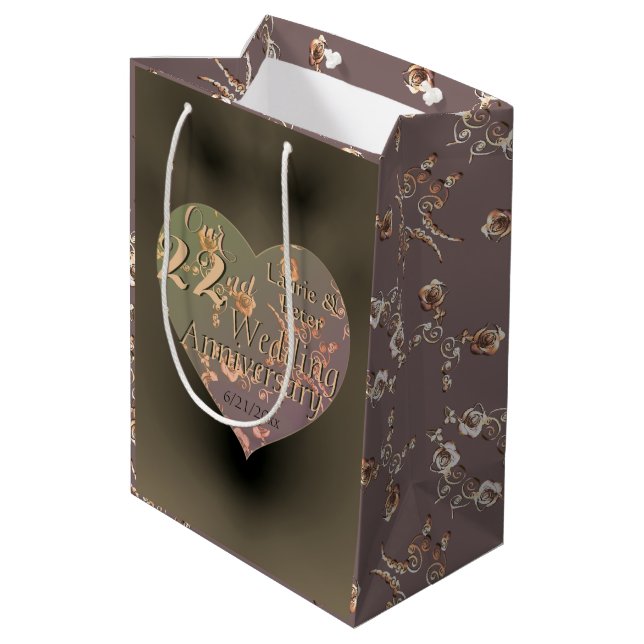 22nd Wedding Anniversary Coppery Heart Rose Medium Gift Bag (Back Angled)