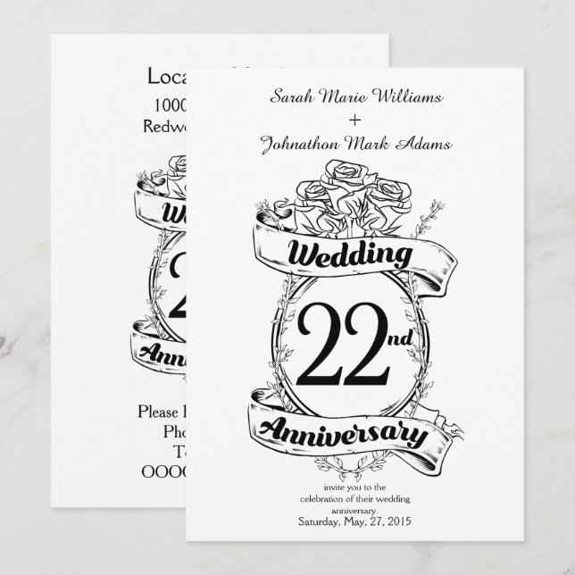 22nd Wedding Anniversary Flowers Invitation (Front/Back)
