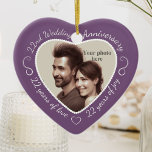 22nd Wedding Anniversary Photo Ceramic Tree Decoration<br><div class="desc">Celebrate a 22nd happy year of marriage with a custom photo ornament in a delightful heart shape frame. Simply upload your own photo of the married couple and it will appear in the cutout. The soft purple surround features a white script font and decorations. The words are: 22nd Wedding Anniversary...</div>