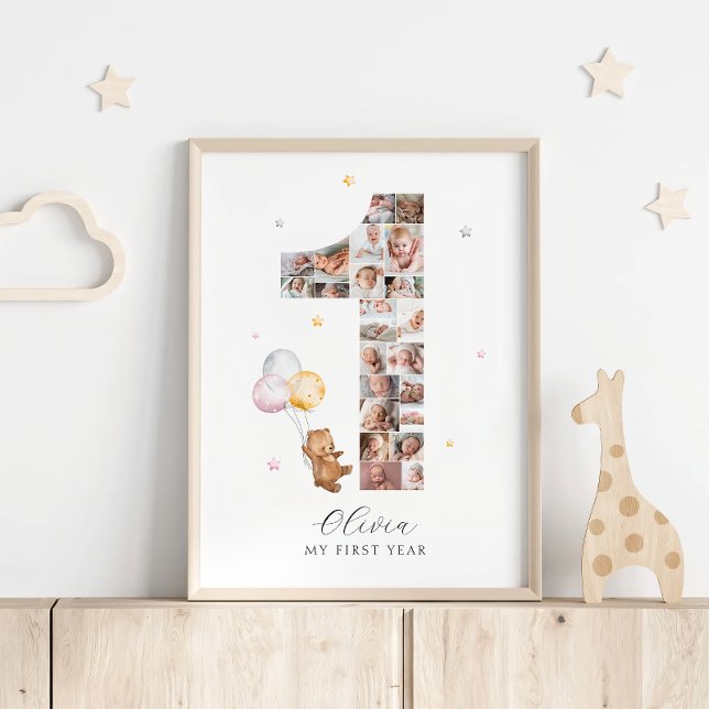 23 Photos 1st Birthday Teddy Bear Photo Collage Poster (Creator Uploaded)