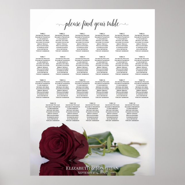 23 Table Burgundy Red Rose Wedding Seating Chart (Front)