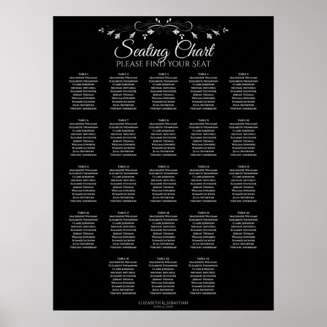 23 Table Elegant Black Wedding Seating Chart (Front)