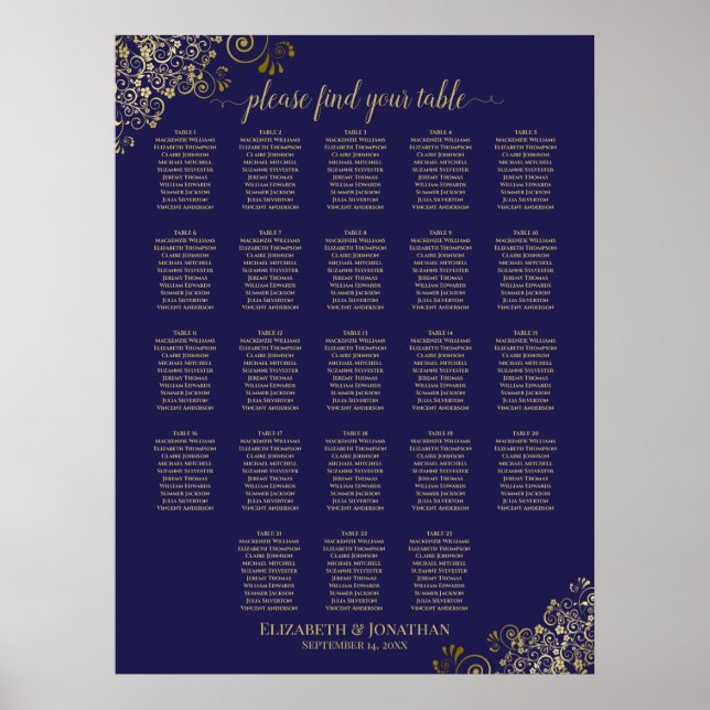 23 Table Navy Blue & Gold Wedding Seating Chart (Front)
