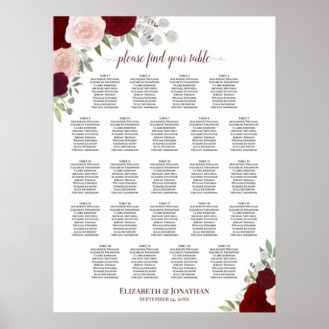 23 Table Red & Pink Floral Wedding Seating Chart (Front)