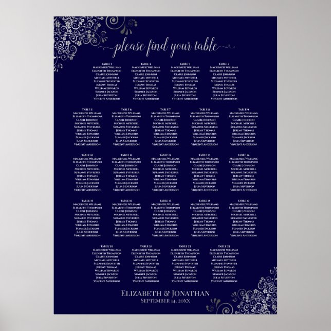 23 Table Wedding Seating Chart Navy Blue & Silver (Front)